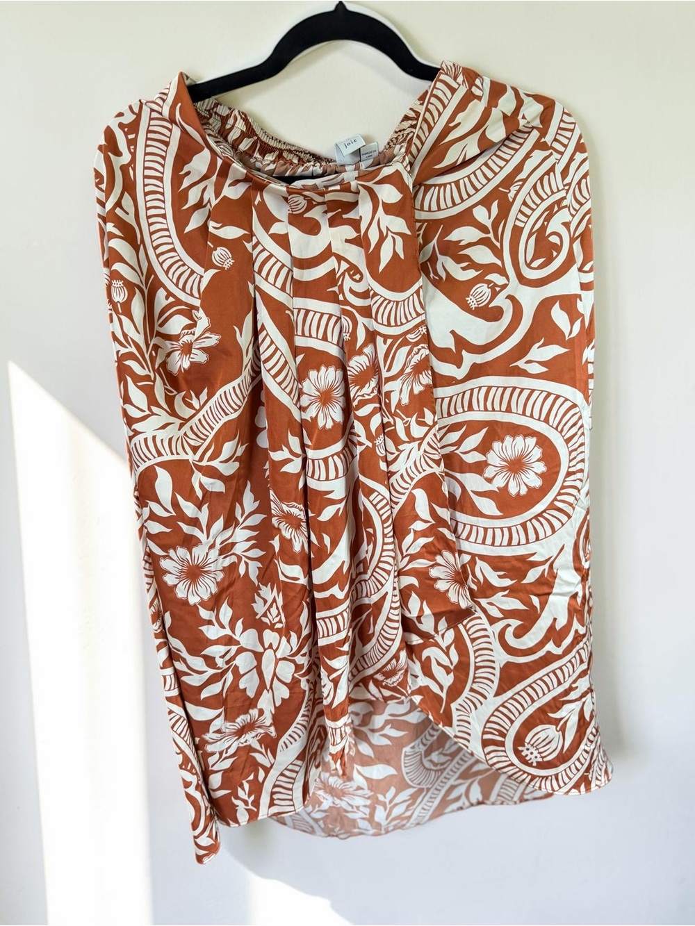 Joie Rust Cream Paisley Satin Draped Midi Skirt XS Elastic Waist Boho Fall